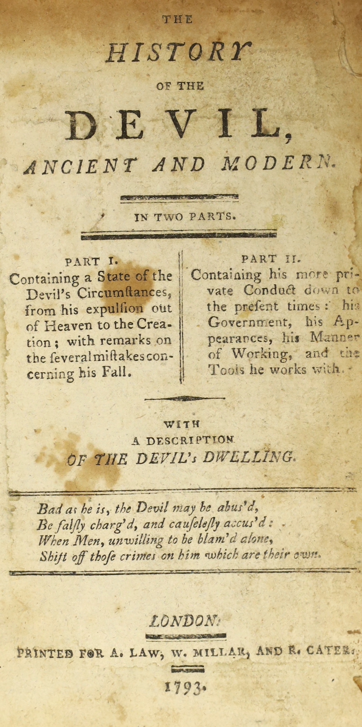 [Defoe, Daniel] - The History of the Devil: Ancient and Modern in two parts, [part one only], 2nd edition, 8vo, calf rebacked, A.Law, W. Miller and R. Carter, London 1793.